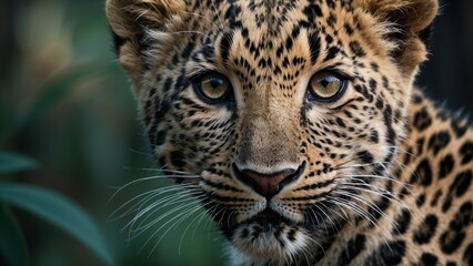 Obraz premium Close-up portrait of a leopard displaying striking features and beautiful spots in a natural setting