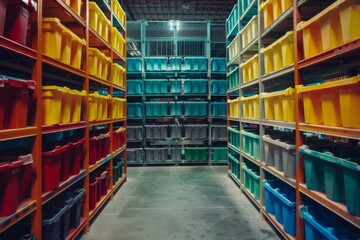 Obraz premium Tidy warehouse with neatly arrange colored coded storage cans