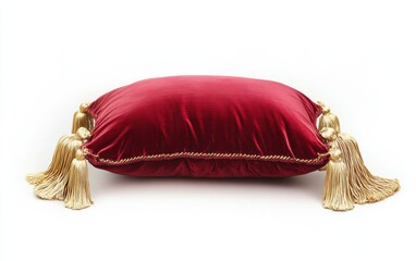 A luxurious red velvet pillow with golden tassels, placed on a white background. 