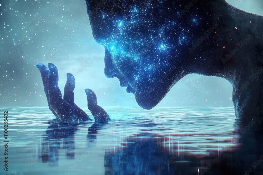 Poster cosmic reflection human connection serene waters digital art surreal environment introspective viewp