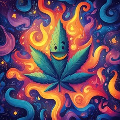 Obraz premium Happy Cannabis Leaf In Vibrant Cosmic Swirls