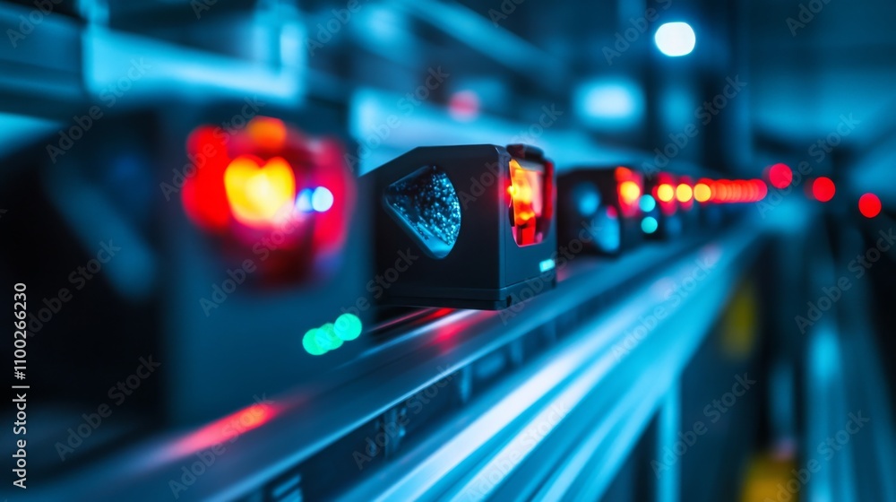 Poster bright red lights illuminate an automated system in a contemporary industrial environment.