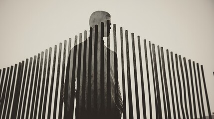 Obraz premium A powerful double exposure of a man standing in front of a prison wall, with the bars of the wall merging into his own body, symbolizing the loss of personal freedom. The sharp contrast between 