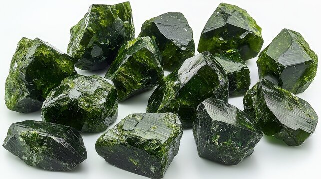 Raw green sphene gemstones on a reflective surface