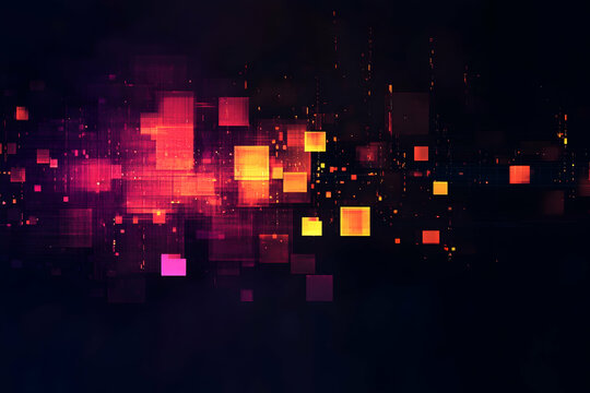A dark background with pixelated squares of different colors, each glowing and pulsating in the darkness, creating an abstract representation of data flowing through them
