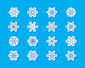 Set collection of 16 snowflakes, cute cartoon stickers for journals, decoration, gift packaging