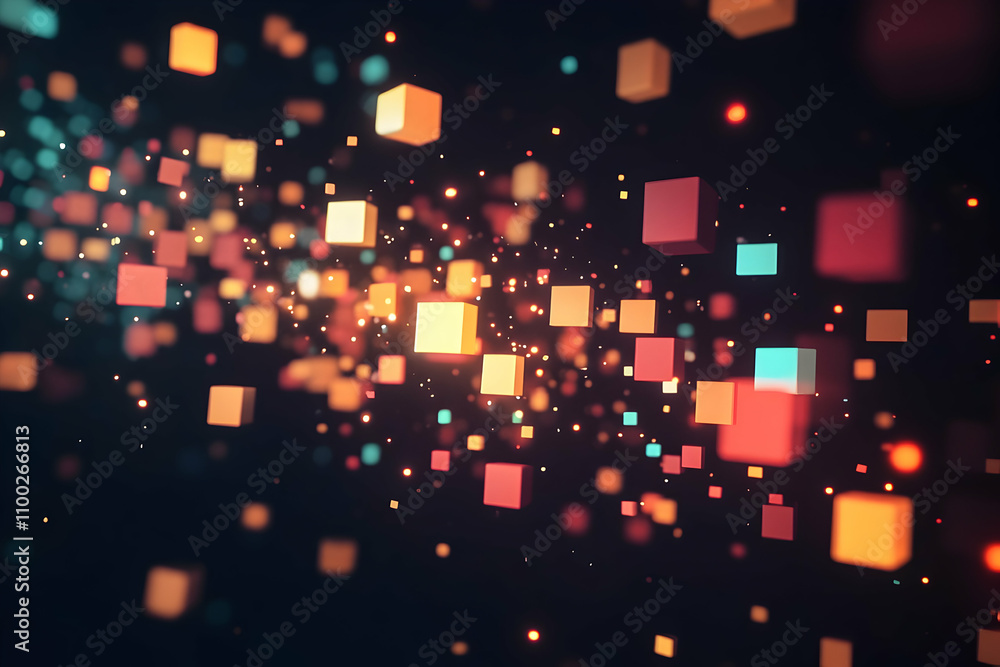 Poster a dark background with colorful pixelated squares floating in the air, creating an abstract and futu