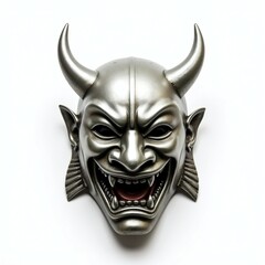 a black, silver, metallic oni Demon face mask isolated on a white background
