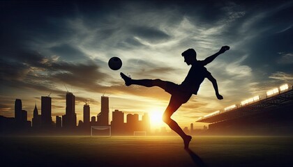 A soccer player performing a bicycle kick, silhouette, action photography, aesthetics,