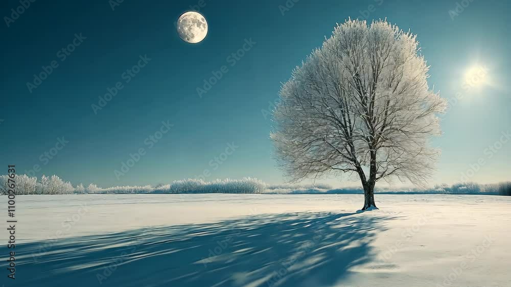 Poster snow-covered field with a lone tree under a full moon, with the tree casting a long shadow on the un