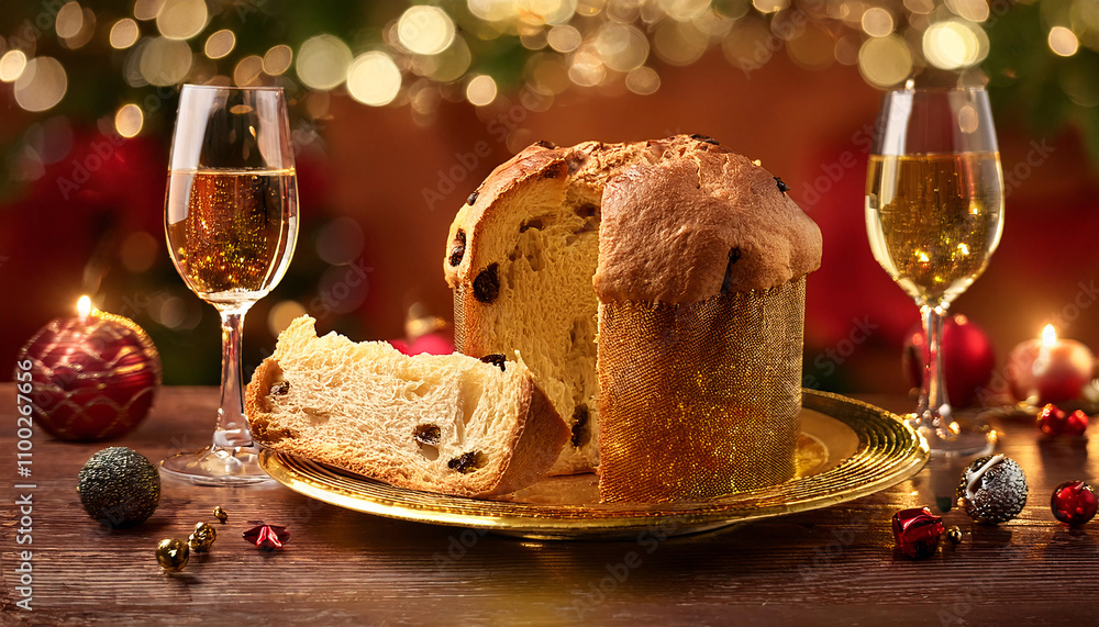 Poster a festive table setting with a panettone cake and two glasses of sparkling wine. generative ai