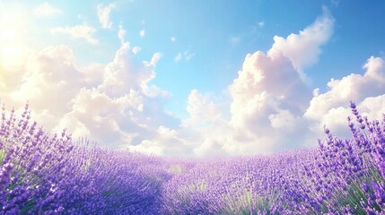 Fototapeta premium Serene Lavender Field Under Bright Blue Sky with Fluffy Clouds