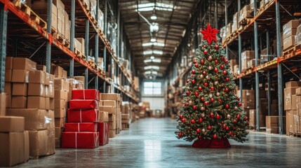 Fototapeta premium Christmas tree in large warehouse with stacked boxes.