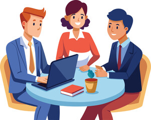Obraz premium Partners meeting for business discussion with documents and laptop on desk. Couple at round table, speaking, discussing work, partnership. Flat vector on a white background