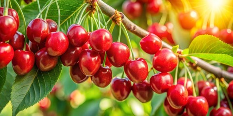 Fototapeta premium Sun-Kissed Cherries Hanging from a Branch, Close-Up, Cherry Orchard, Summer Fruit, Red Berries, cherry, fruit