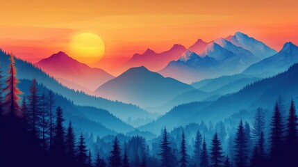 Obraz premium Sunset over a majestic mountain range, painted in vibrant hues of orange, pink, and blue.