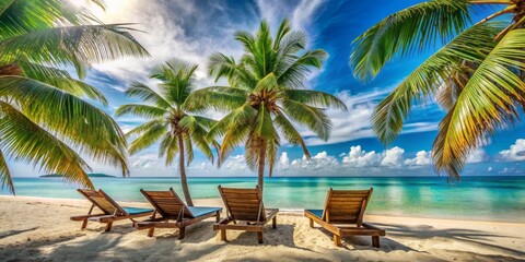 Fototapeta premium Palm Tree Serenity Three Loungers on a Pristine Beach, Beach, Relaxation, Tropical, Vacation