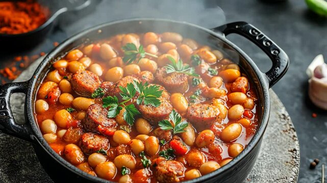 hearty beans stew with sausages, herbs and spices in tomato sauce in a metal casserole on a concrete table, fasolka po bretonsku, polish cuisine, view 4K Video