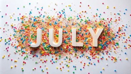 Fototapeta premium July Spelled Out With Colorful Sprinkles, Sprinkles, Colorful, White Background , Summer