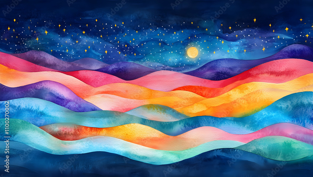 Poster a colorful, abstract background with waves of color and fluid shapes representing the night sky and 