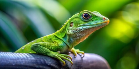 Obraz premium A Green Lizard Perched on a Branch, Close-up, Wildlife Photography, Reptile, Nature, Lizard, Green