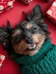 Naklejka premium Cheerful Dog in Green Sweater Enjoying Holiday Atmosphere