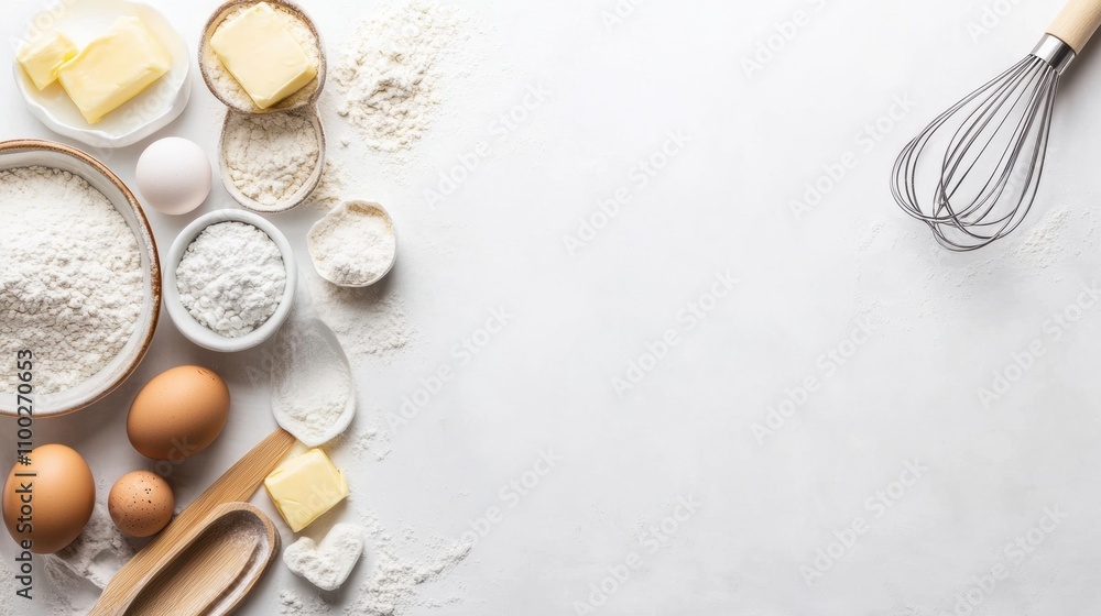 Poster essential baking ingredients like flour, eggs, butter, and a whisk are neatly arranged on a clean wh