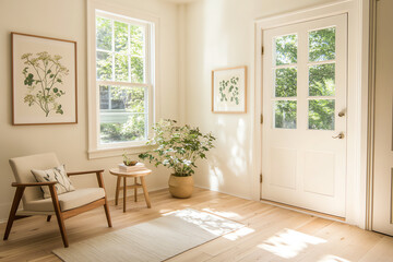 A serene midcentury modern living room with cozy furnishings, neutral tones, and soft natural light