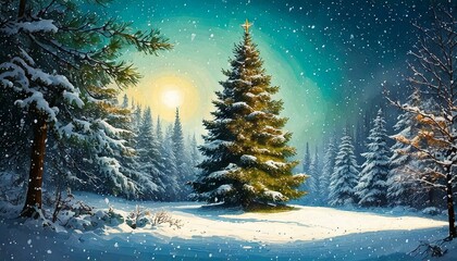 Naklejka premium Śnieżny, zimowy las z choinkami. Ilustracja, grafika