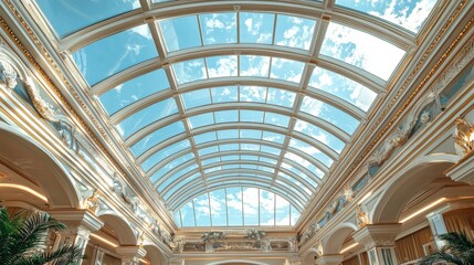 A stunning architectural interior featuring a grand glass ceiling, showcasing intricate designs and a bright blue sky above.