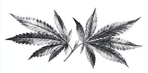 Detailed Pencil Sketch of Two Cannabis Leaves