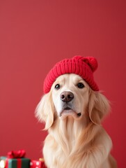 Festive Dog in Holiday Attire Surrounded by Colorful Presents