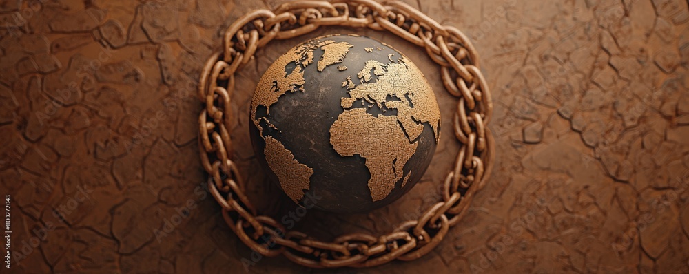 Poster law restriction policy concept. a globe wrapped in chains symbolizes a constrained world, reflecting