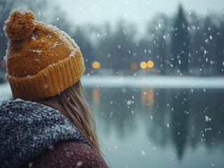 Woman Adjusting Hat While Focused on Winter Wonderland Scene