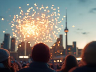 Group of Spectators Enjoying a Festive Night with Fireworks Display