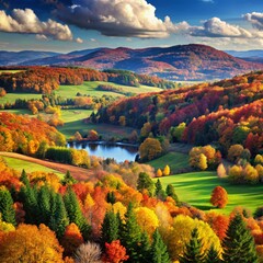 Autumn Landscape: Trees, Lake with Swan