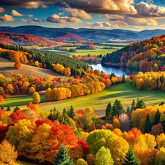 Autumn Landscape: Trees, Lake with Swan