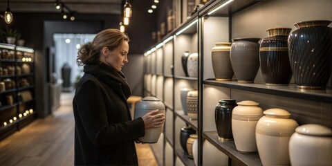 European woman choosing an elegant marble memorial urn in a funeral store with a thoughtful expression