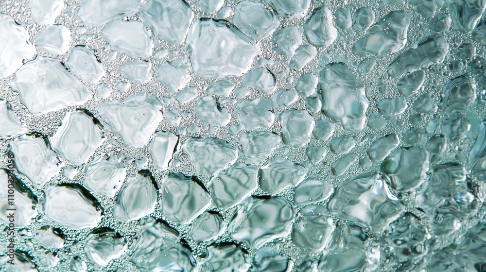 Poster a close-up of textured water droplets, showcasing a clear, reflective surface with intricate pattern