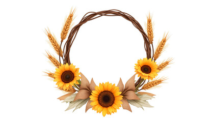 Naklejka premium Rustic watercolor wreath with wheat stalks, sunflowers and burlap ribbons