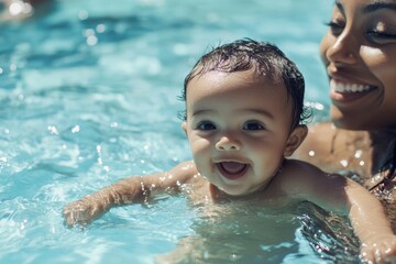 An african american mother swimming in the pool with baby
