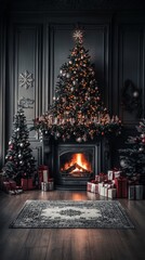 Fototapeta premium Experience the warmth of the holiday season with this beautifully decorated living room featuring a glowing fireplace, elegant Christmas trees, and meticulously wrapped presents.