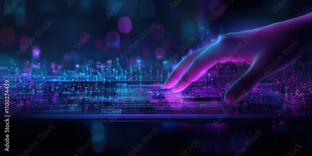 Poster a hand reaching out to a vibrant digital interface, symbolizing the intersection of technology and h