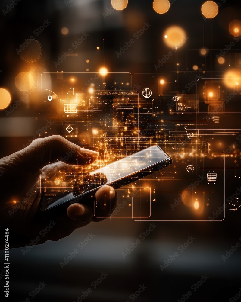 Poster experience the fusion of technology and daily life through a hand holding a smartphone, immersed in 