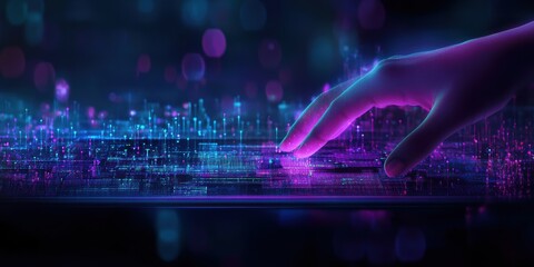 A hand reaching out to a vibrant digital interface, symbolizing the intersection of technology and human interaction in a future driven by innovation and connectivity.