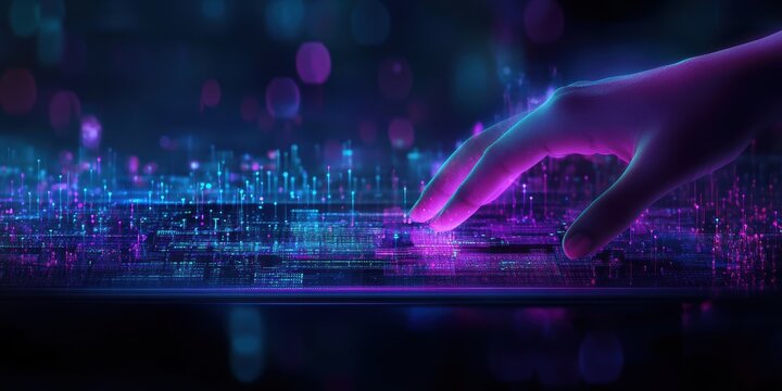 A hand reaching out to a vibrant digital interface, symbolizing the intersection of technology and human interaction in a future driven by innovation and connectivity.
