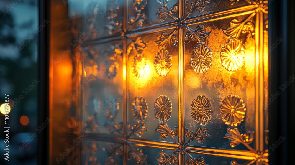 Poster a decorative glass window with illuminated patterns, creating a warm and inviting ambiance.