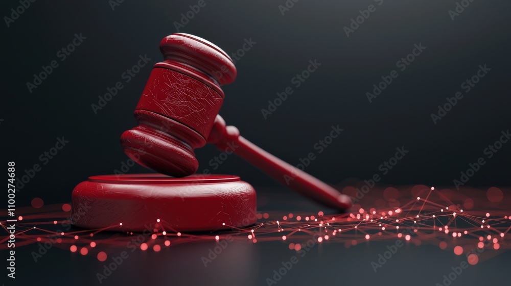 Poster law restriction policy concept. a striking red gavel rests on a circular base, surrounded by a shimm