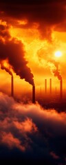 Obraz premium This striking image captures the sunset against a backdrop of industrial smokestacks, highlighting the tension between nature and human activity. The glowing sky contrasts starkly with pollution.
