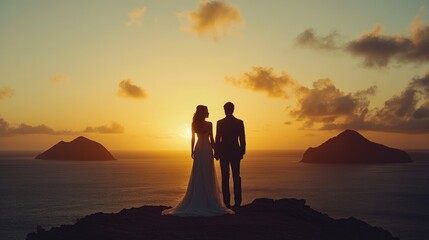 Silhouette of a bride and groom at sunset, overlooking the ocean.